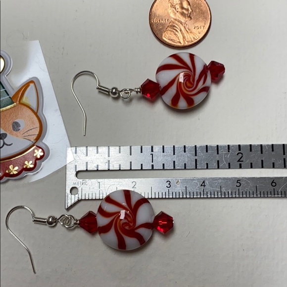 NEW   Peppermint candy lamp work  glass earrings red & white Christmas holiday - Picture 2 of 4